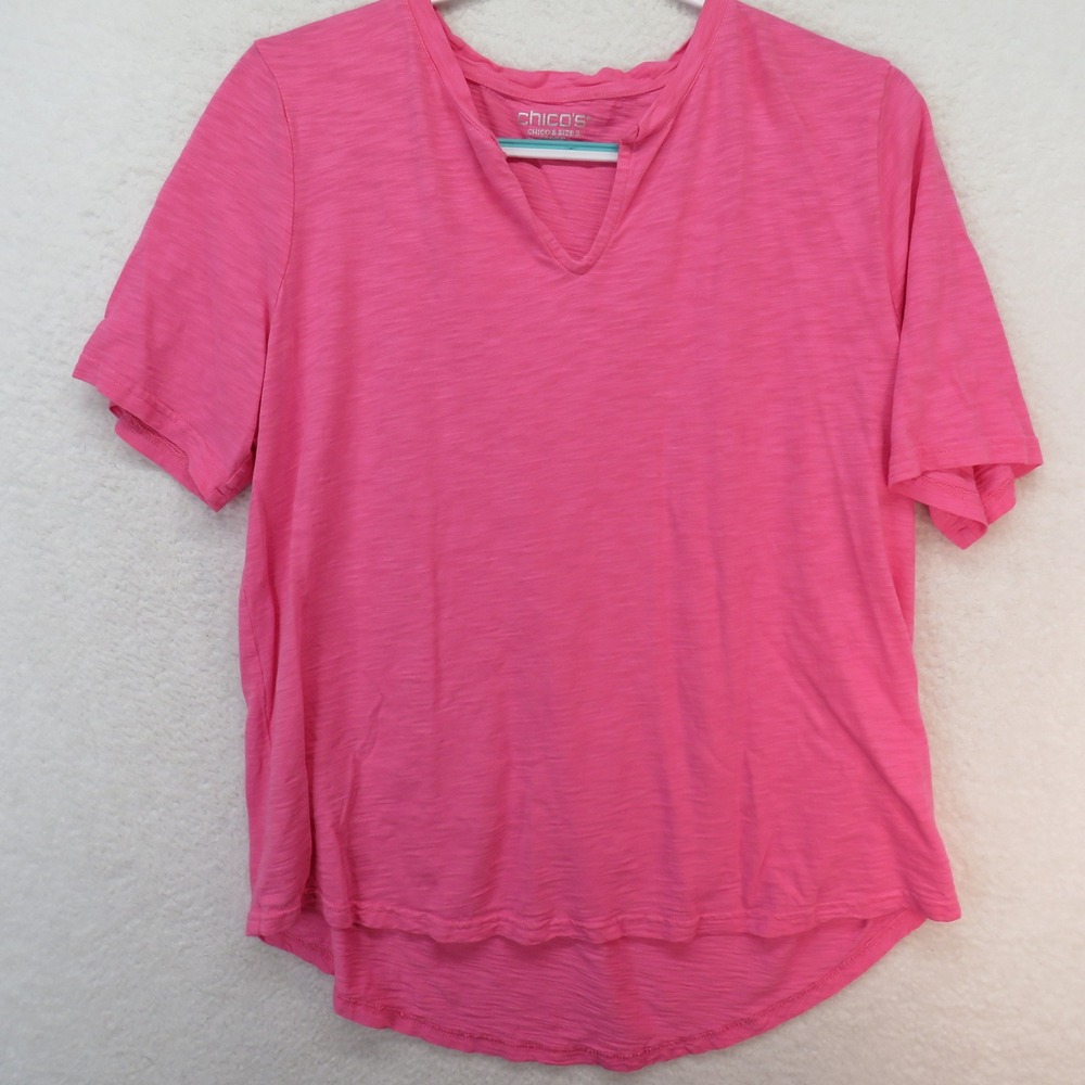 Chicos Pink Slub Knit Split V-Neck Short Sleeve Tee Top Size 3 XL Cotton Modal